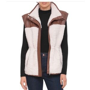 BAGATELLE Faux Shearling Mixed Media Vest Cocoa Dust Sherpa‎ Leather Trim Size L